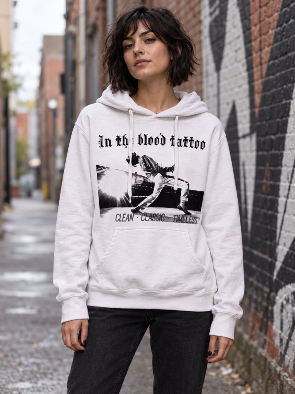 In the Blood Tattoo Small White Freddie Mercury Graphic Pullover Hoodie